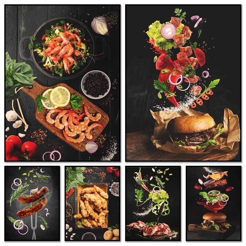 Póster de cocina de comida rápida, pintura en lienzo de Pasta de pollo frito de Hamburgo, imagen HD, decoración moderna para el hogar de restaurante americano