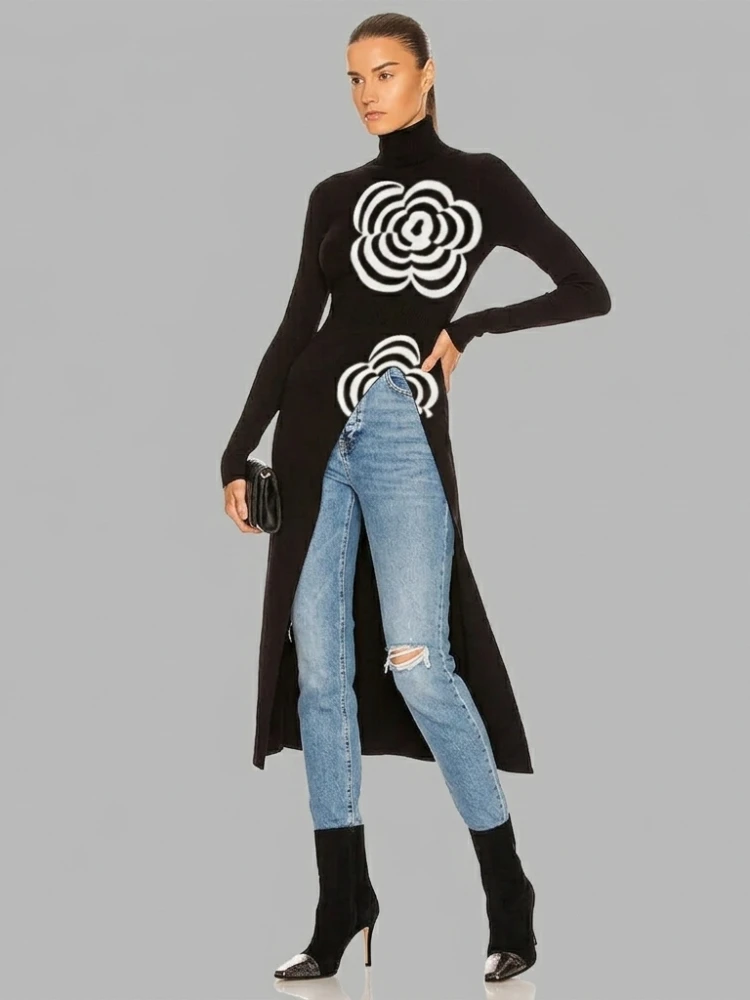 Women Floral Printed High Slit Black Pullover Tops 2026 New Long Sleeves Asymmetrical Hem Slim Fit Casual Office T-shirts