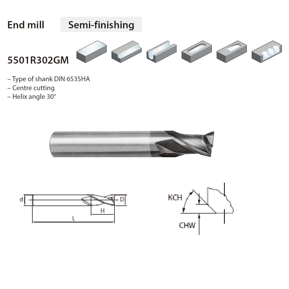 

5501R302GM-1200 12mm Centre Cutting Helix angle 30 DIN6535HA Carbide End Mills for semi-finishing