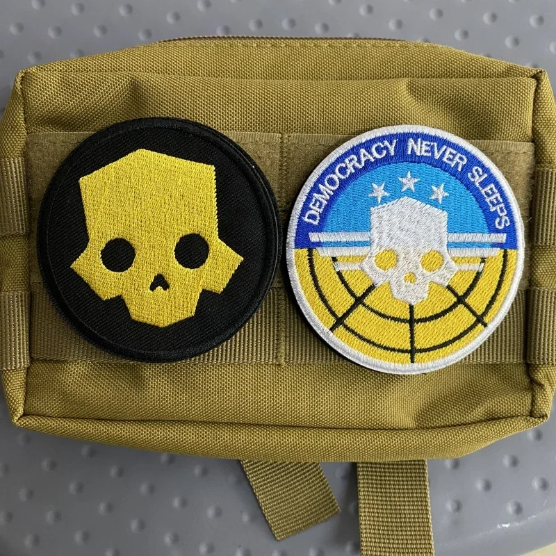 Hell Divers Skull Embroidered Tactical Patches Hook&Loop Patch Democracy Nevre Sleeps Skeleton Head Morale Badge on Backpack