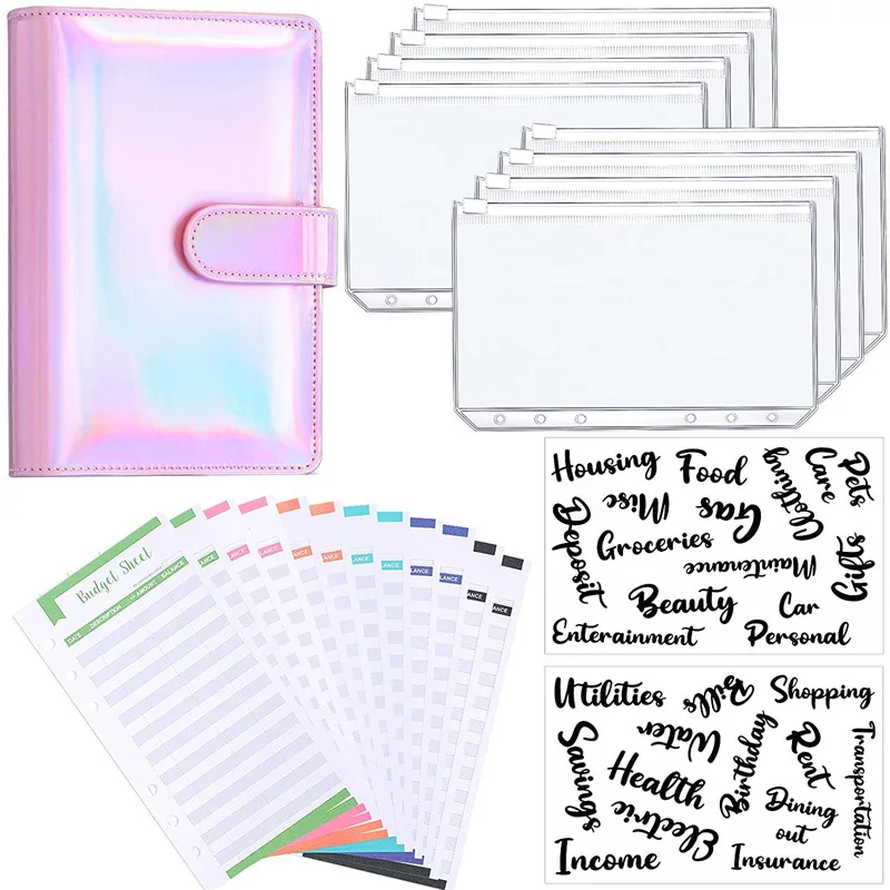 

A5 Glitter PU Leather Binder Budget Envelope Planner Organizer System With Clear Zipper Pockets Expense Budget Sheets