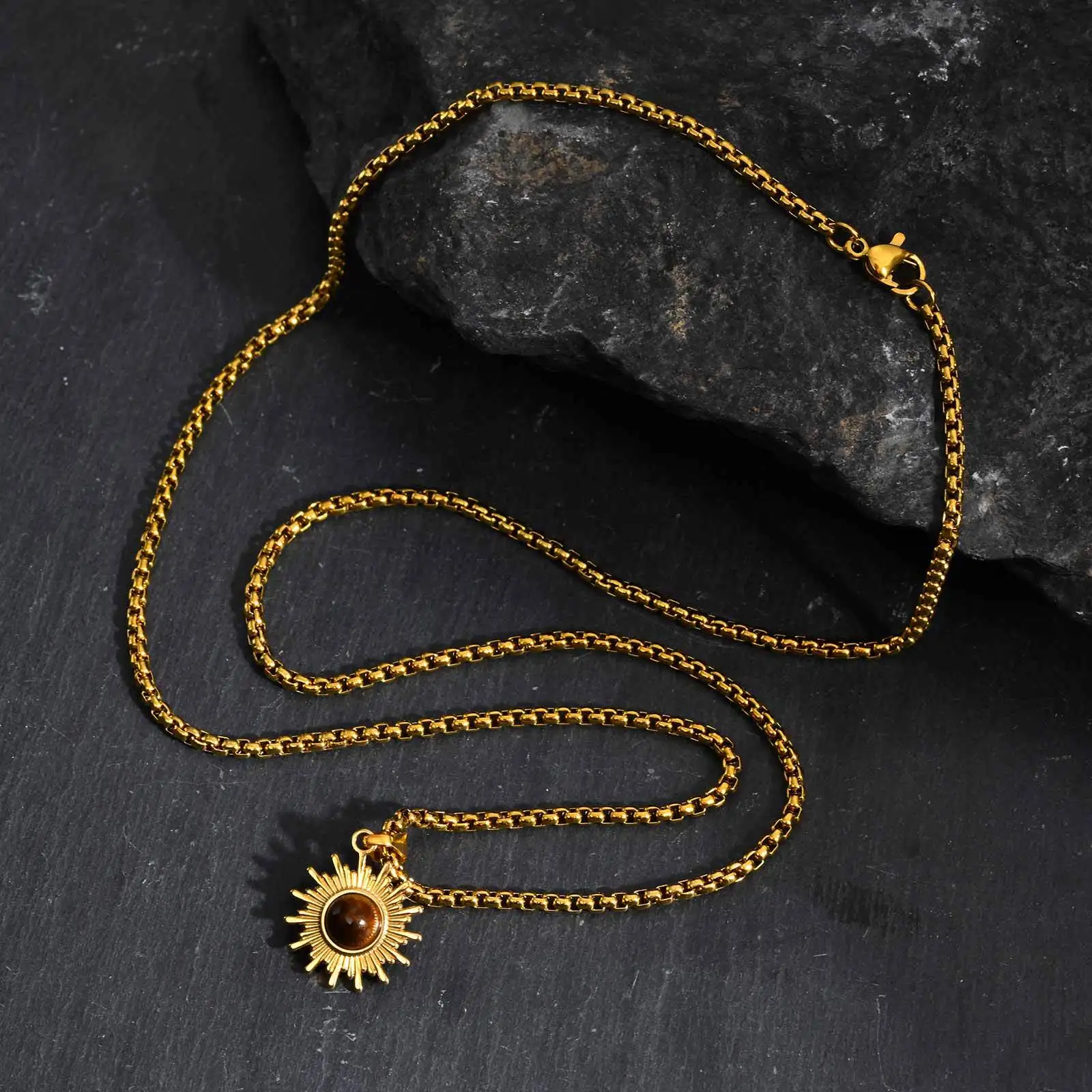 Vnox 60cm Box Chain Sunflower Pendant Necklace, Tigers Eye Stone Silver Gold Plated Lobster Clasp Jewelry Gift for Men Women New