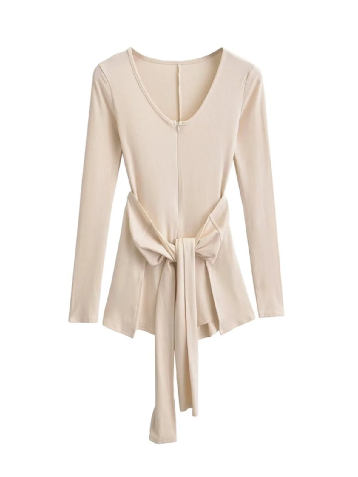 

Street Sle High Waist Belted Long Sve Base irt Two Piece Set V-Ne Slim Fit Bodysuit for Women Summer Season