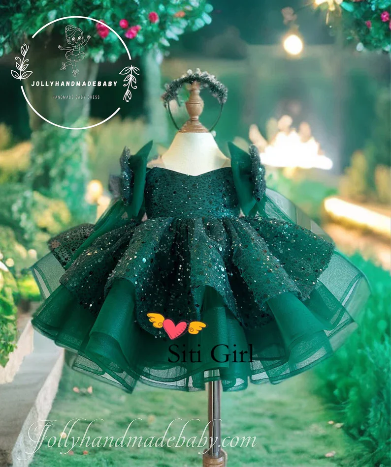 Luxury Flower Girl Dress V Neck Puff Girls Party Dresses for Wedding Short Sleeves Tulle Kids Christmas Ceremonial Dress