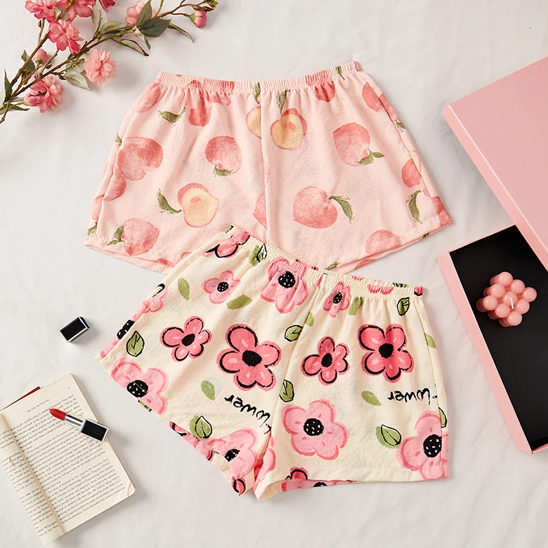 

Peaches Print Satin Pajama Pants For Women 2 Pieces Breathable Elastic Waist Shorts With Floral Or Fruits Pattern Cute Sleepwear