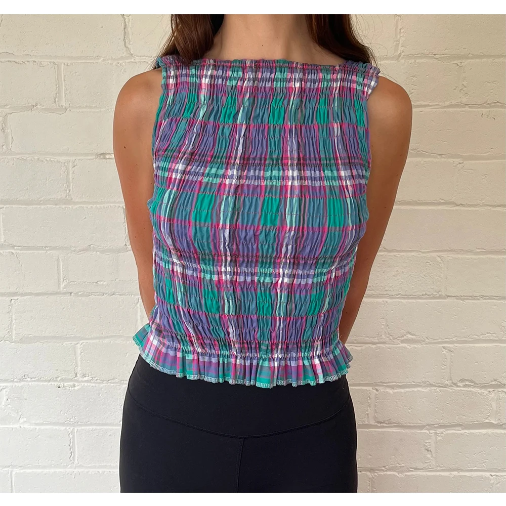 المرأة خمر Shirred الدبابات القمم الصيف Smocked القمم أكمام الكشكشة هيم الجرافيك مطوي قميص y2k الخروج عطلة القمم