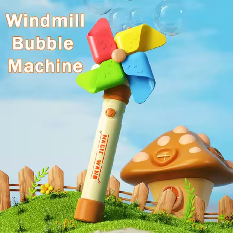 Brinquedo automático da máquina do sopro da varinha da bolha mágica com cor do moinho de vento led luz elétrica rotação música para o presente da festa do jardim ao ar livre do miúdo