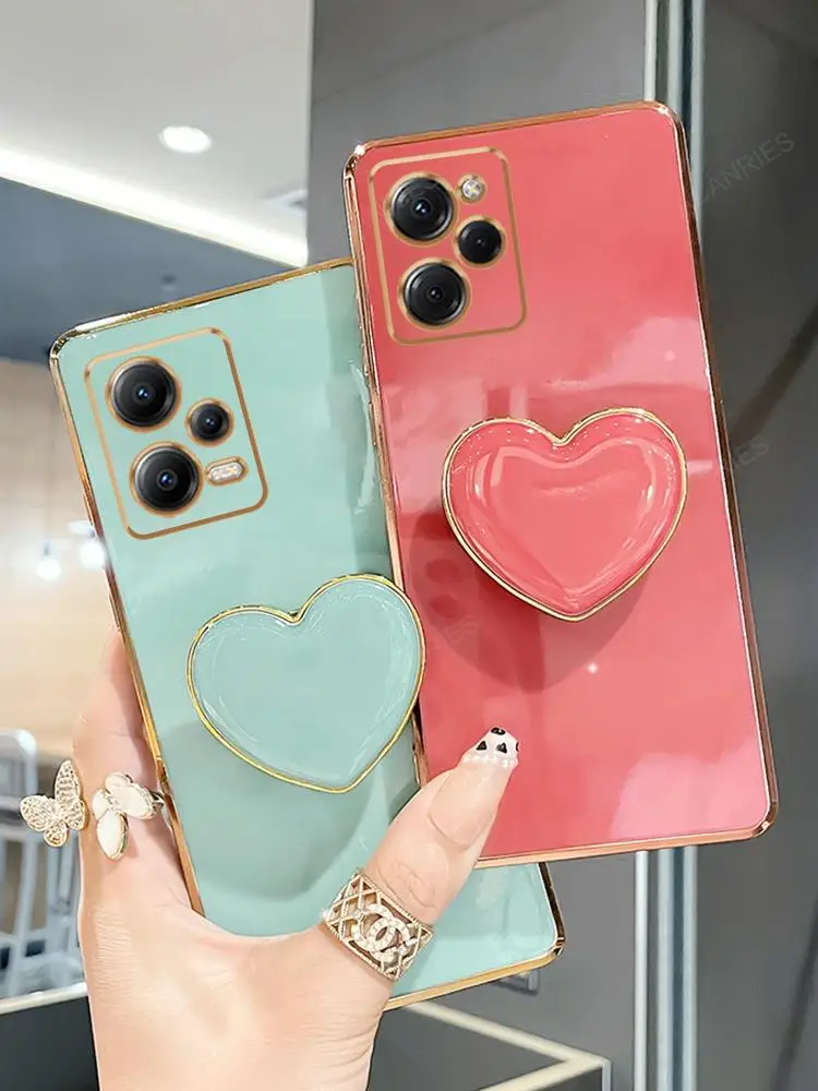 Poko X5pro Love Heart Fold Holder Case For Xiaomi Redmi Note 12 Mi Poco X5 Pro X 5 Nfc Stand Luxury Plating Silicone Cover Xiomi