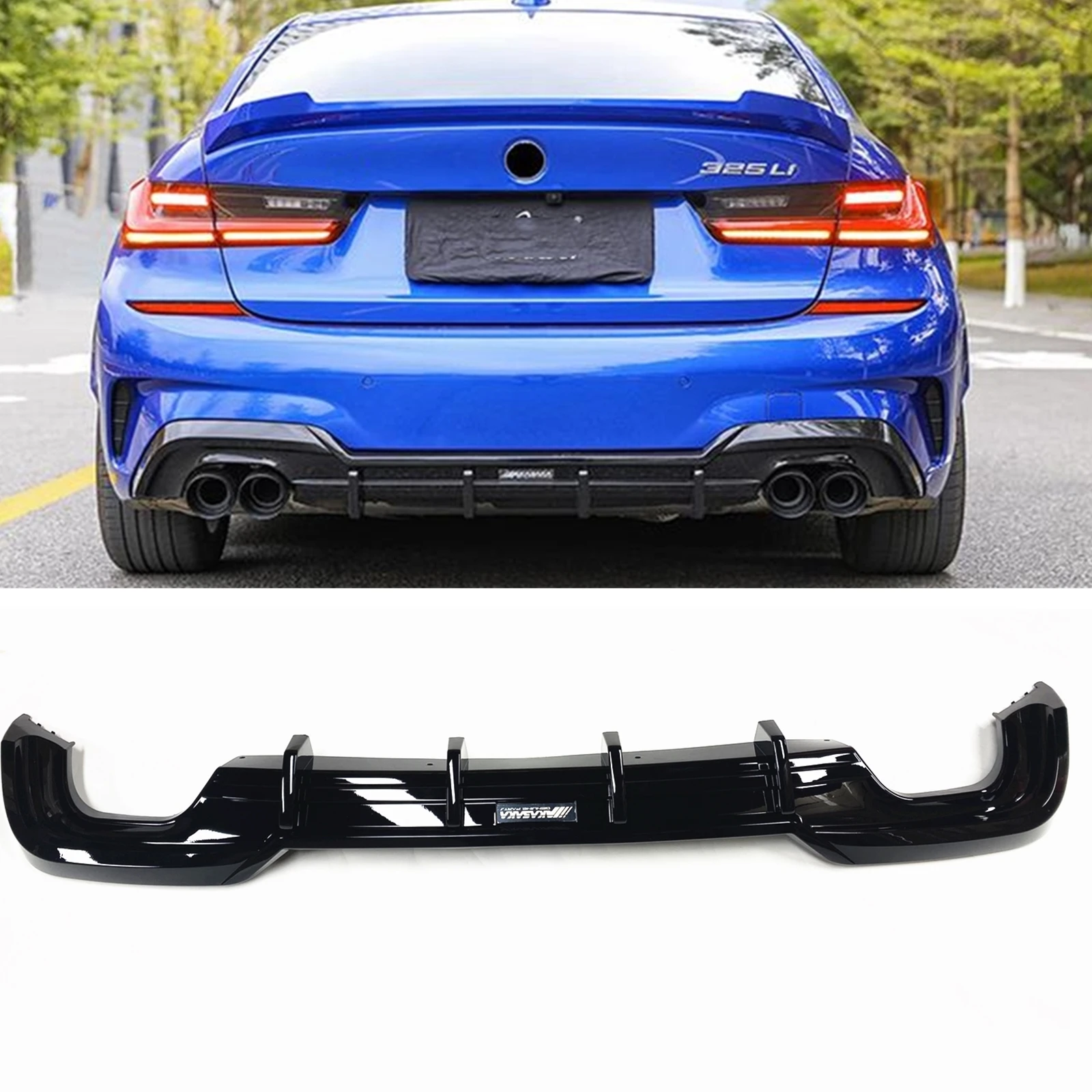 AKASAKA Rear Bumper Diffuser Lip For BMW 3 Series G20 325i 325LI 330i M Sport 2019-2020 Gloss Black/Carbon Fiber Look Spoiler