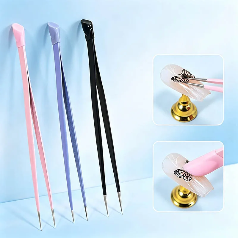 20PCS Double Ended Nail Art Tweezers Silicone Pressing Head Manicure Tool Picking Rhinestones Stickers Crystal Decoration