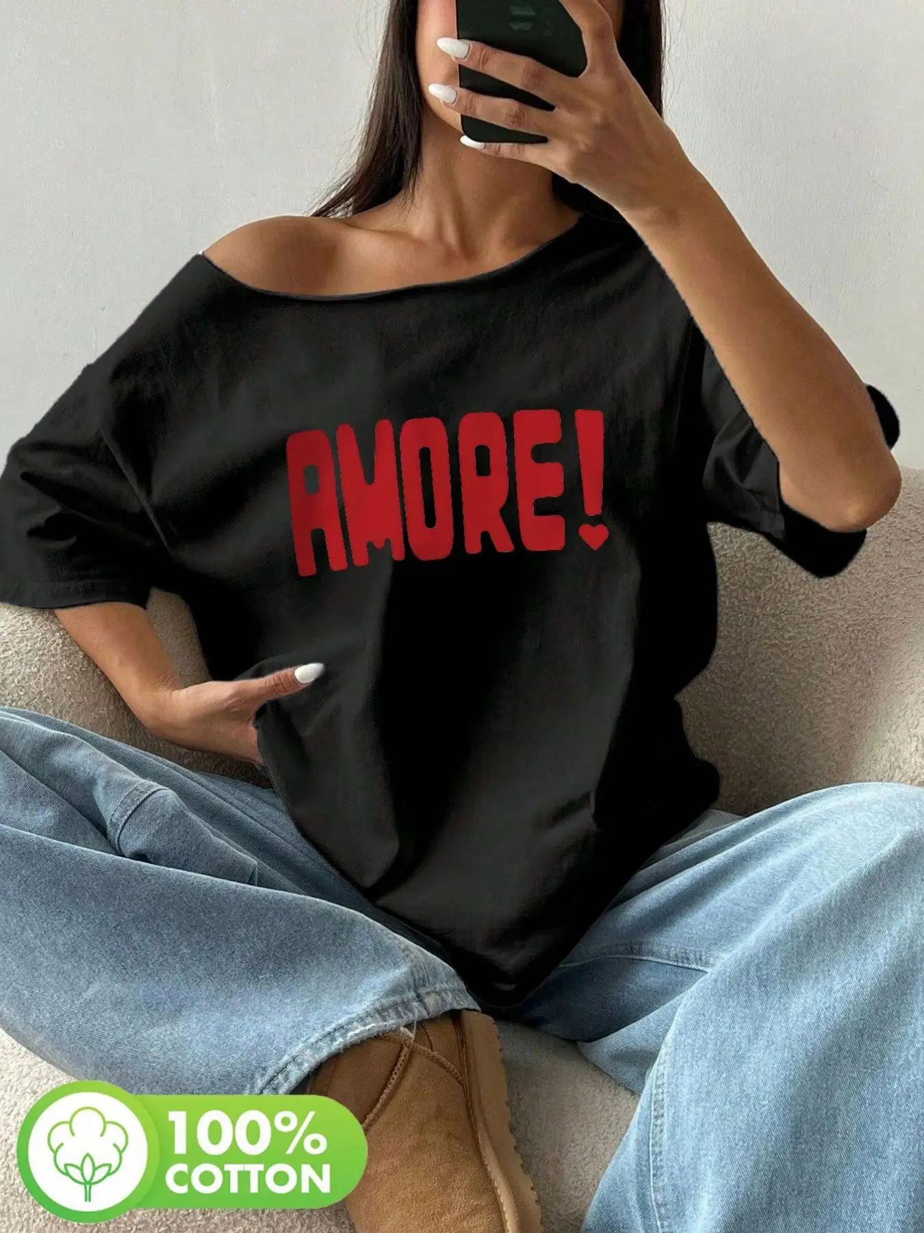 Plus Size AMORE Heart Graphic Print Shoulder Loose T-Shirt Oversized Y2K Style Tees Women Tops Summer Off The Shoulder Top 10