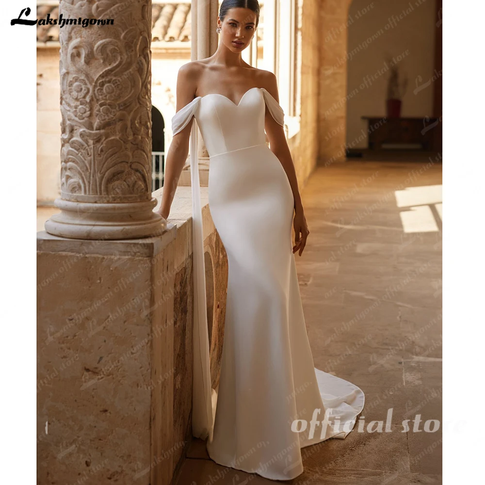Lakshmigown Off Shoulder Wedding Dresses with Chiffon Ribbons Mermaid Vestidos Sexy Crepe Beach Bridal Gowns Backless Customized