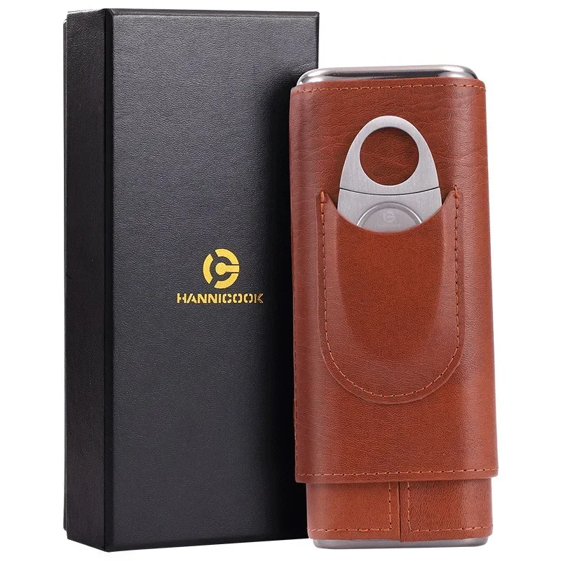 2023 Cigar Humidor With Cigar Cutter Portable Cigar Case Leather Lined Cedar Wood Fit for 3pcs Smoking Accessories Men Gifts