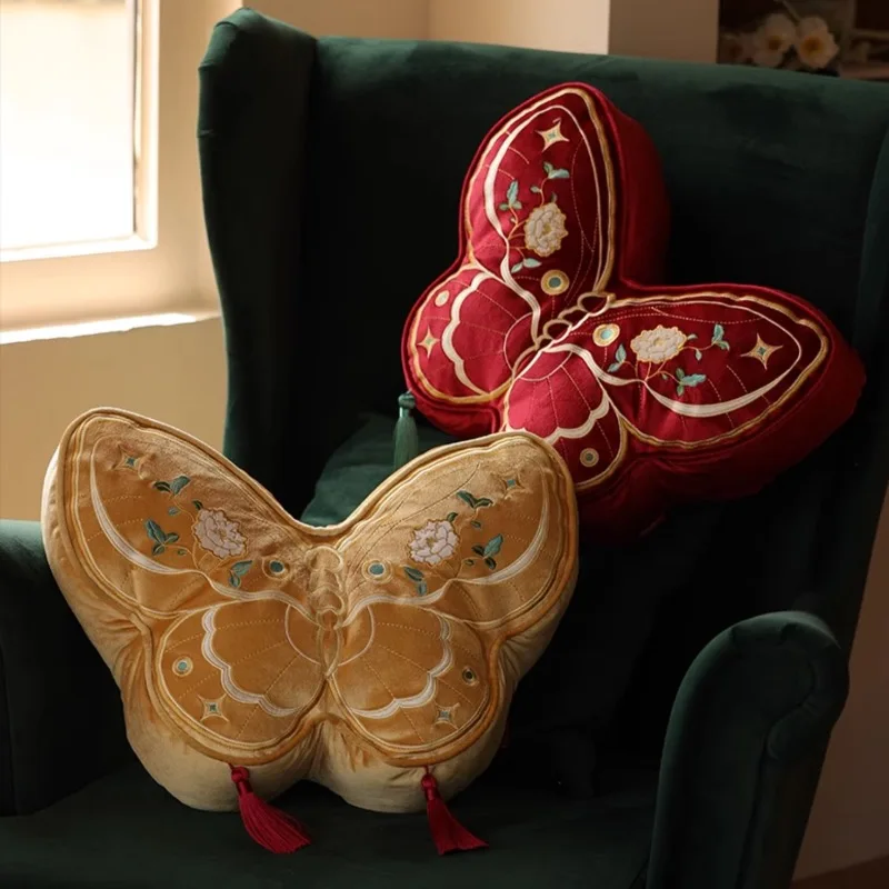 

Butterfly Pillows Chinese Retro Red Yellow Cushion Cushions Soft Velvet Decorative Pillow For Sofa Bedding Home Decorations