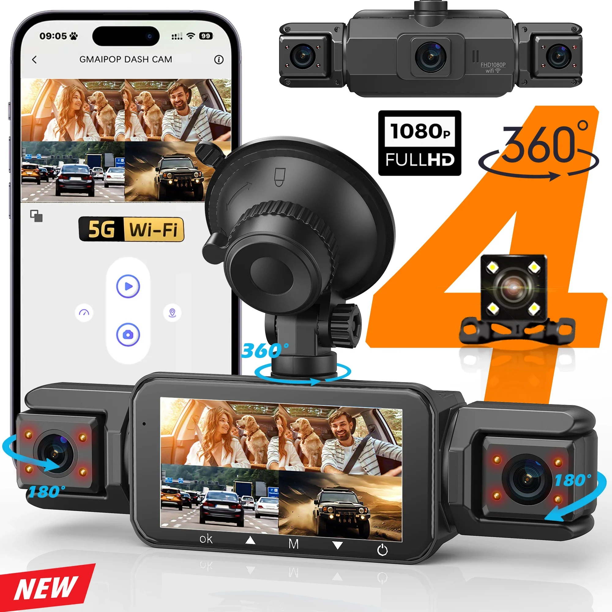 

4-канальный автомобильный видеорегистратор с Wi-Fi, Full HD 1080P, ночным видением, циклической записью, комплектом для прямого подключения и датчиком парковки (G-сенсор) – автоаксессуар