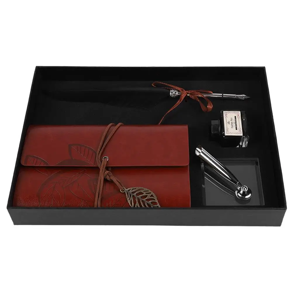 

Retro Leather Notebook Fountain Pen Feather Dip Pen Ink Bottle Set Stationery Gift Box Black