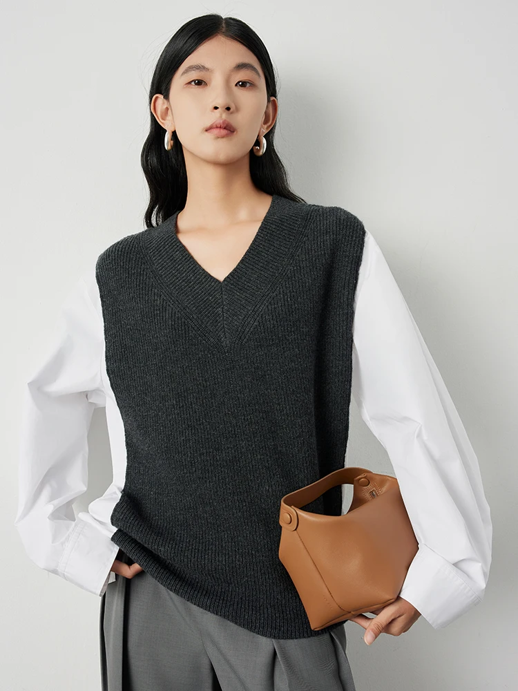 

Вязаный топ с V-образным вырезом Design Sensation, женский, модный, с цветовыми блоками, длинными рукавами, в корейском стиле, для повседневной носки, свободного кроя, из шерстяной смеси