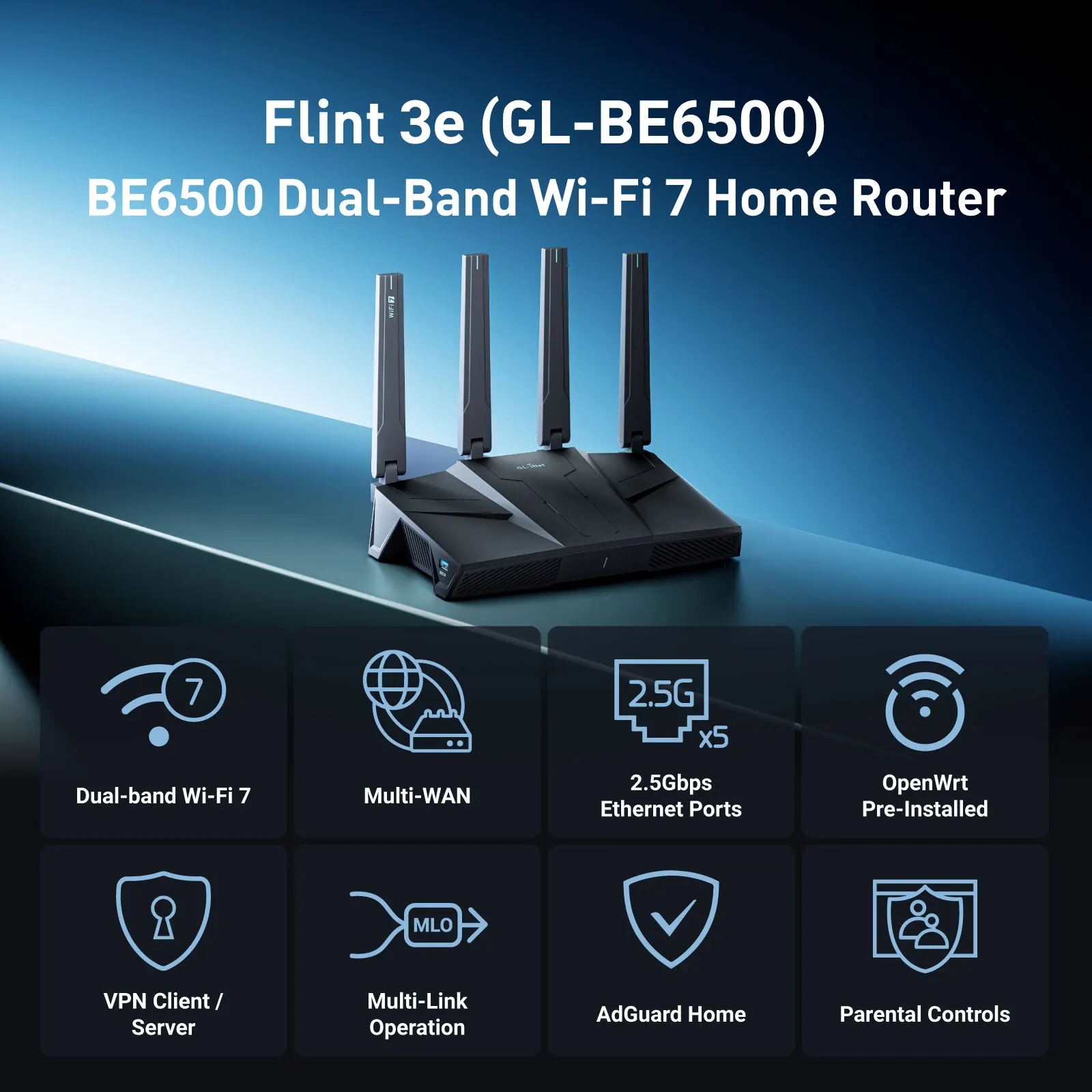 GL.iNet GL-BE6500 (Flint 3e) Dual-band Wi-Fi 7 Home Router 5× 2.5G Ports Robust VPN Capabilities and Parental Controls