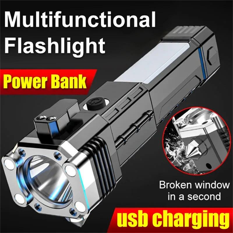 Super Bright Rechargeable LED Flashlight - Multi-Function Car Safety Hammer with Window Breaker Torch Light