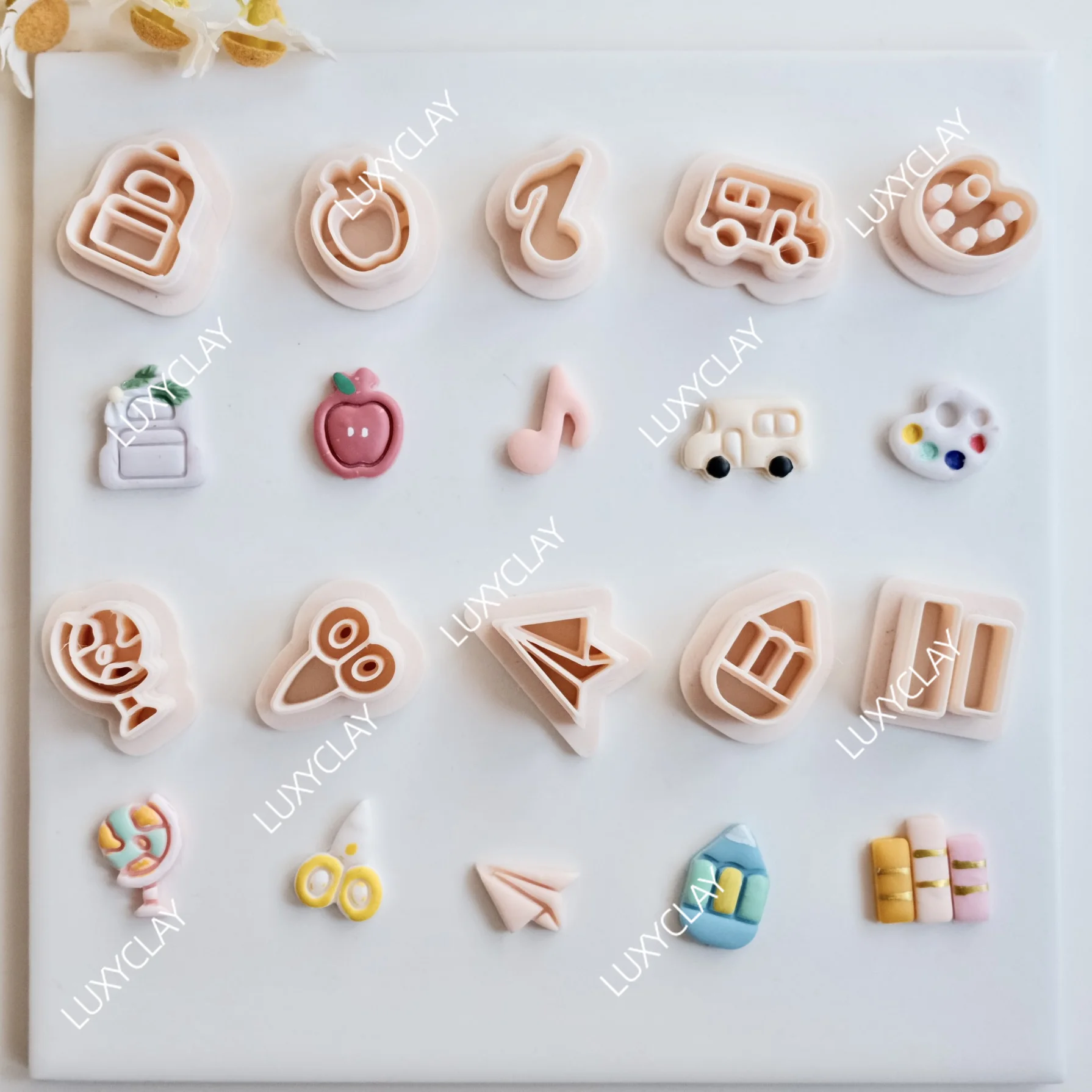 10pcs Back To School Stationery Clay Molds, Backpack Bus Palette Globe Scissors Paper Airplane Crayon Book Polymer Clay Cutters