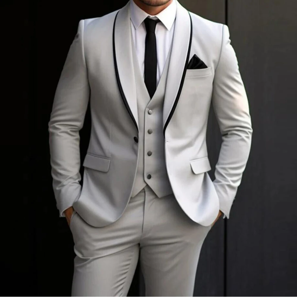 Classic Grey Suits Men For Wedding Black Lapel Prom Blazer Customized 3 Pieces Groom Wear Tuxedos Boy Friend Dinner Man Clothes