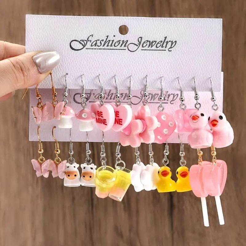 

12 Piece Creative Funny Hip Hop Cartoon Earring Set for Women's Pink Animal Butterfly Earrings