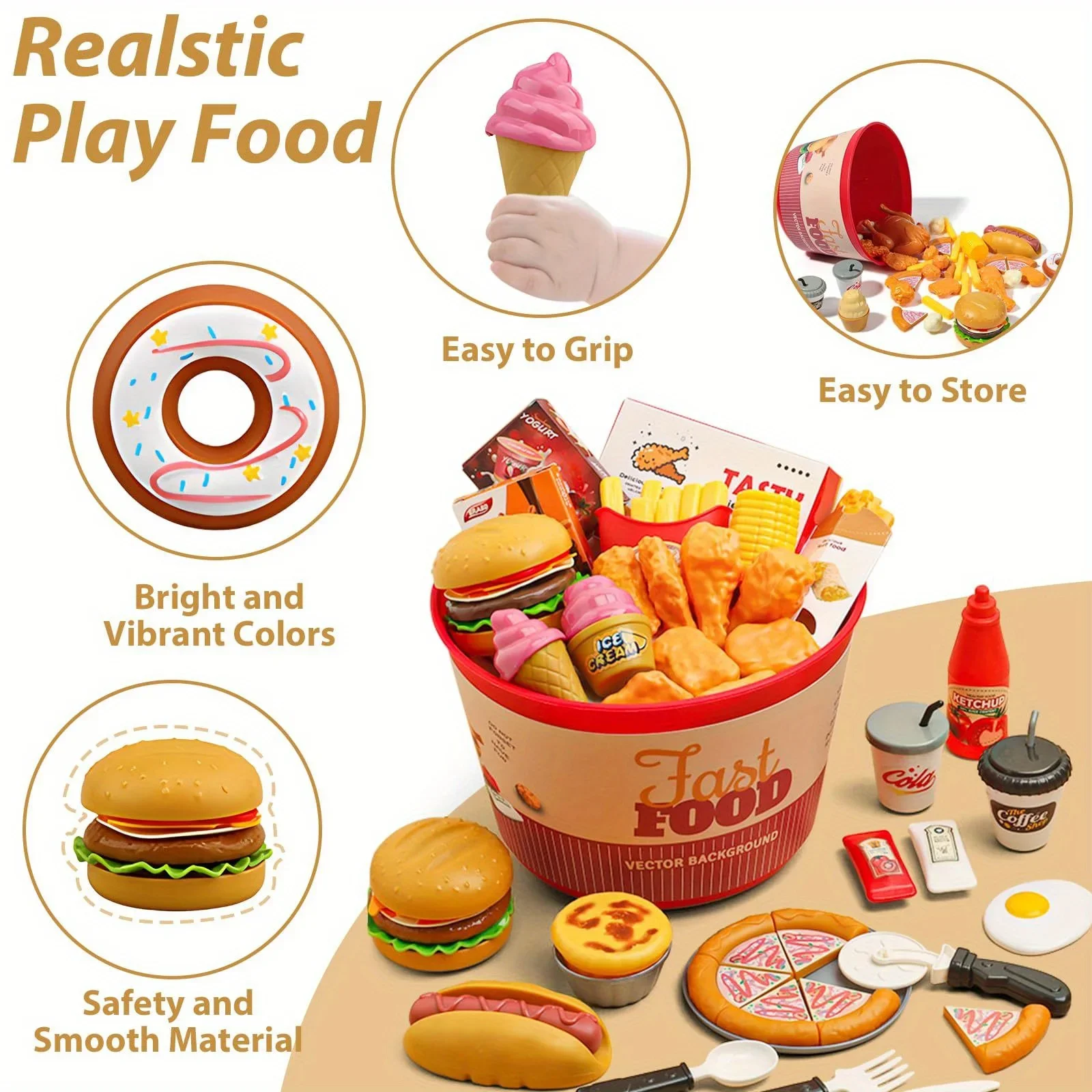 82/40 pcs children's kitchen toys fast food set with storage bucket suitable for boys and girls Halloween Christmas gifts