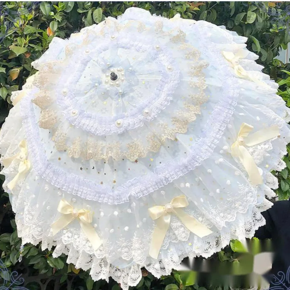 Wedding Kid Sunny Rainy Dualuse Lolita Flower Lace Handmade Umbrella With Fan Parasol Paraguas Inverso Windproof Radio De Coche