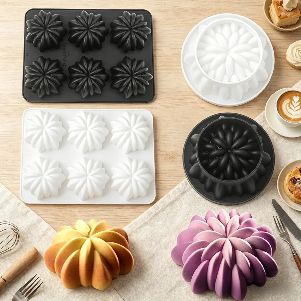 Colorful Flower Silicone Mold for Mousse Cake 6-Cavity Or Single Chocolate Cookie Dessert Pudding Baking Mold Candle Making Tool