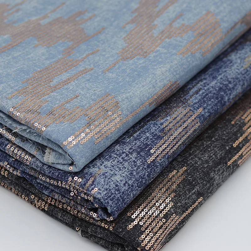 Champagne Sequin Washed Denim Fabric Thick for Clothing Pants Bags Designer Fashion Diy Sewing Material Wholesale Cloth