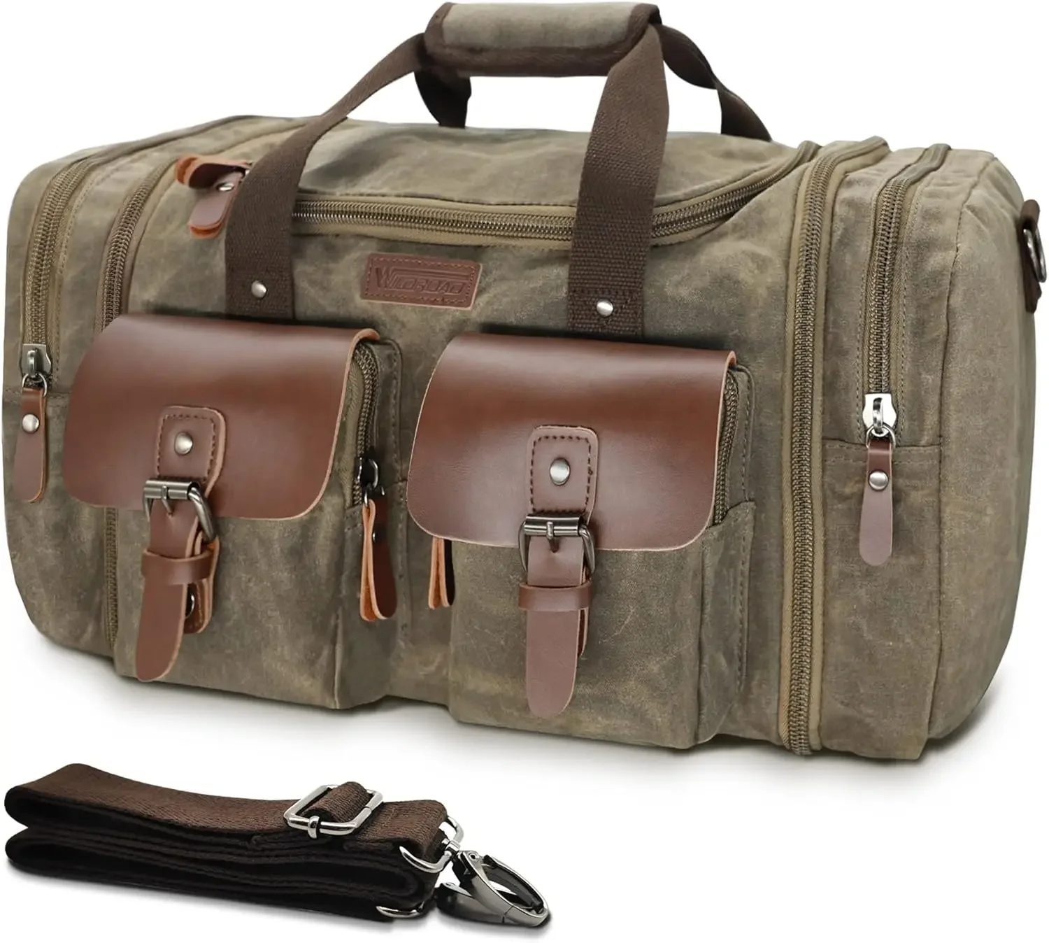 Duffle Bag for Travel, 50L Waterproof Waxed Canvas Genuine Leather Weekender Overnight Bag Vintage Travel Hand Bag Carr