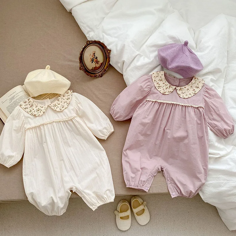 

2024 New Spring Toddler Baby Girl Romper Long Sleeved Cotton Solid Color Splicing Newborn Baby Girl Jumpsuit Children Clothes