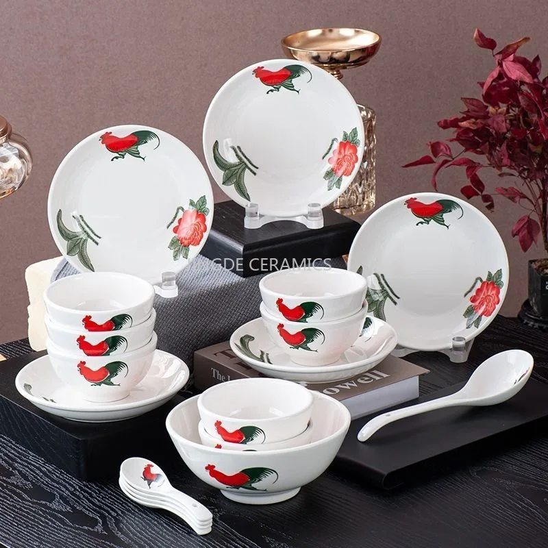Underglaze Ceramic Rooster Bowl Set, Kitchen Cutlery Set, Ceramic Tableware Set, Rice Bowl, Noodle Bowl, Stir Fried Dish, Spoon