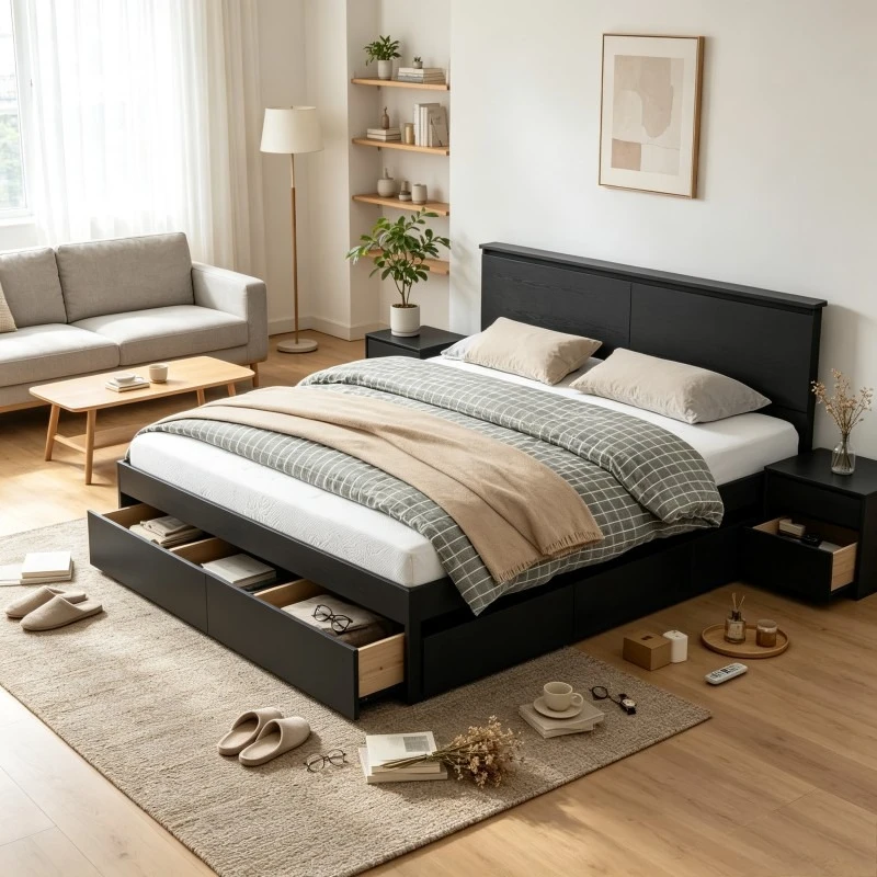 Cadre de lit noir 180x200 cm, structure de lit double en bois d'ingénierie, sommier de lit moderne avec support robuste, lit adulte au design minimaliste pour chambre, maison, appartement, montage facile