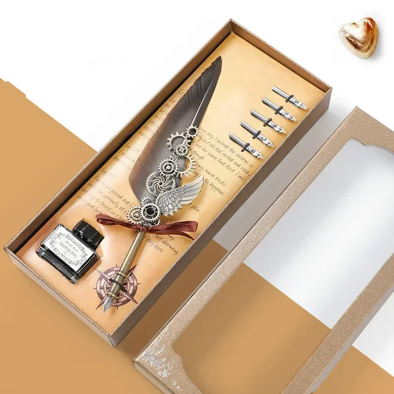 

Mechanical Wing Fountain Pen Student Calligraphy Dip Pens Beautiful Color Vintage Feather Pen Set Office Stationery 5 Nib B
