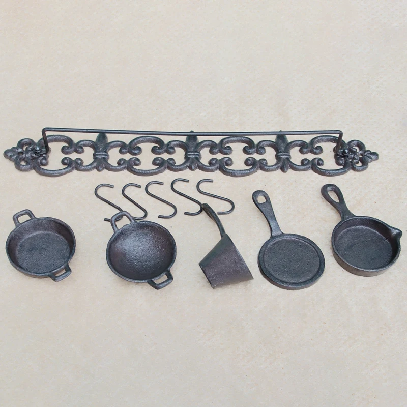 Antique Black Cast Iron Kitchen Cooking Set Of Six Decoration For Home Garden Coffee Bar Wall Countryside Style