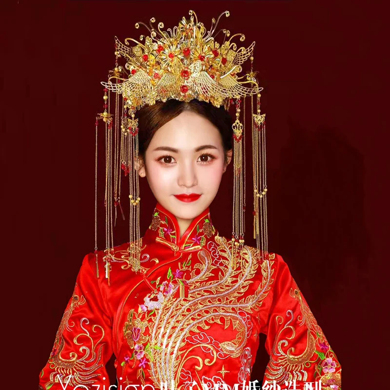 

Large Golden Phoenix Hair Crown Bridal jewelry Ancient Costume Suit Wedding Jewelry Headpiece Accessories