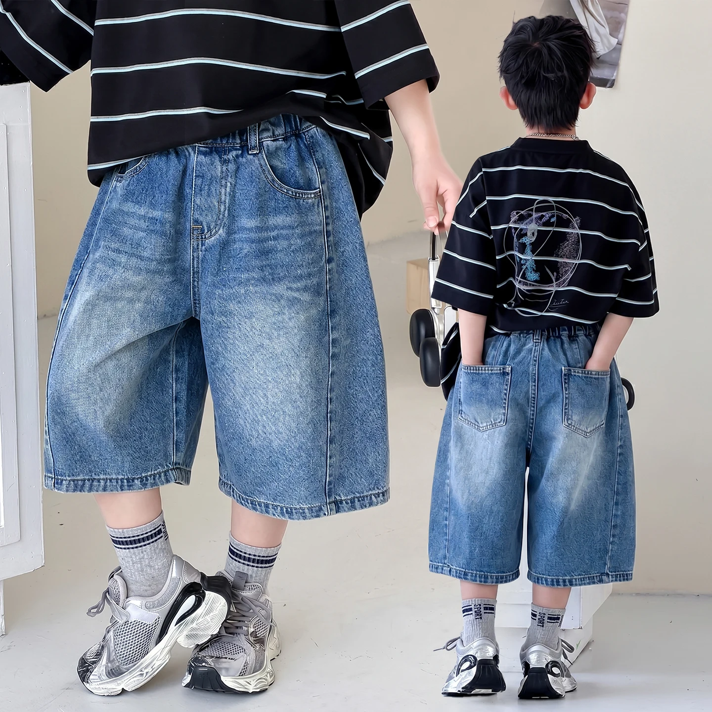 

Little Boys Summer Fashion Denim Shorts Kids Casual Loose Thin Knee-Length Trousers 2-11 Years Teenager Outdoor Denim Pants