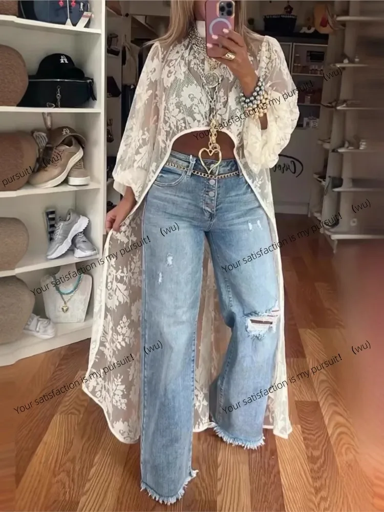 ZOCI-Atasan Renda Wanita, Kaos Kerah Bulat Modis, Lengan Panjang, Elegan, Kasual, Polos, Celana Dalam untuk Liburan dan Kantor, Kaos