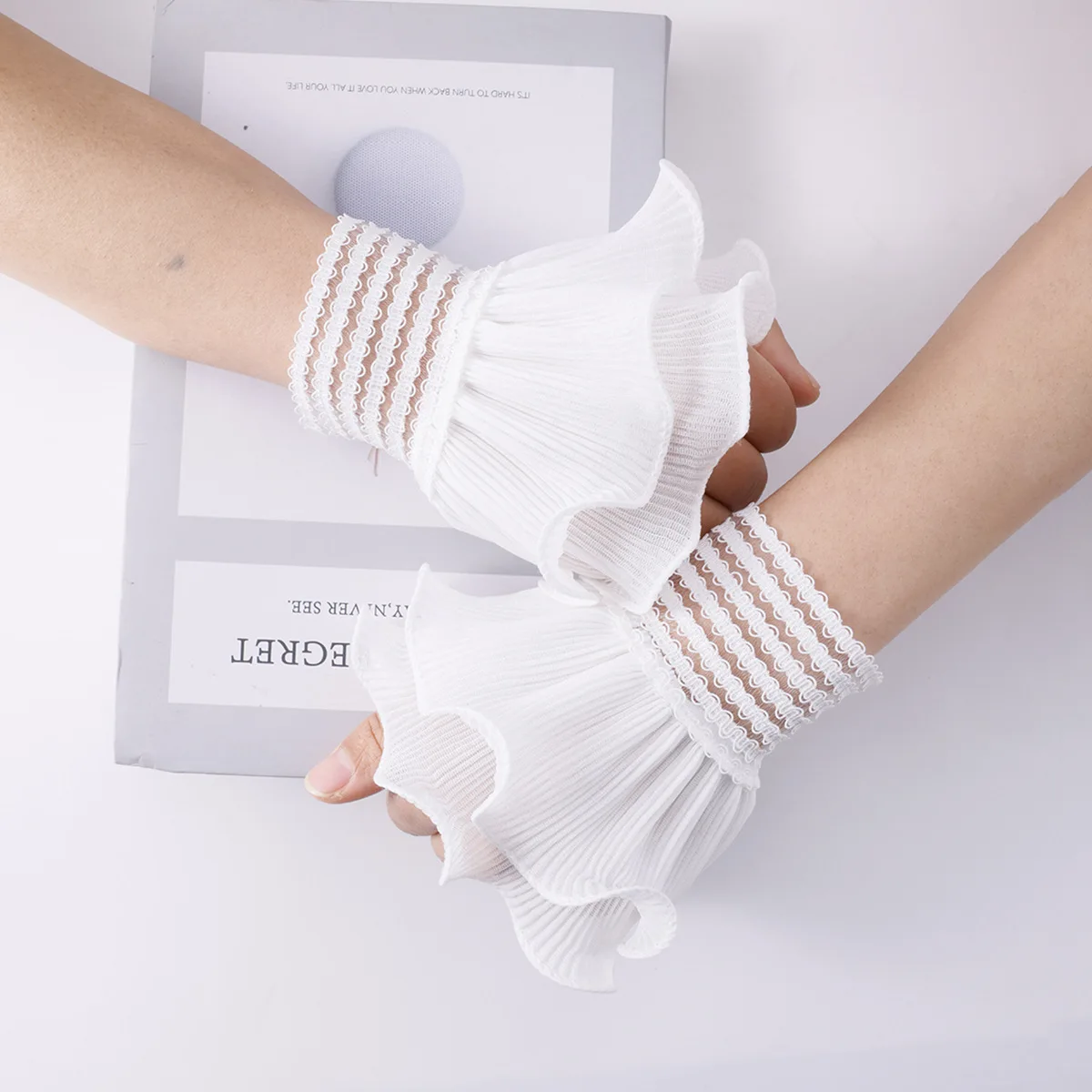 Ruffled Double Layer Lace Arm Sleeves Decorative Wrist Cuffs for Nail Photography Lolita Style Soft Breathable White