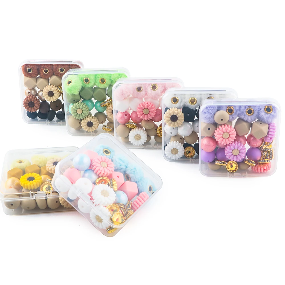 Box Plush Fur Covered Silicone Focal Beads Flower Loose Beads Sets For Jewelry Making DIY Keychain Necklace Bracelet Accessories