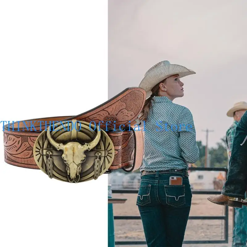 

39BB Men Belt Aesthetic Engraved Pattern Denims Belt Vintage Dress Up Party Waist Decor Belts Teens Boys Cowboy Waist Strap