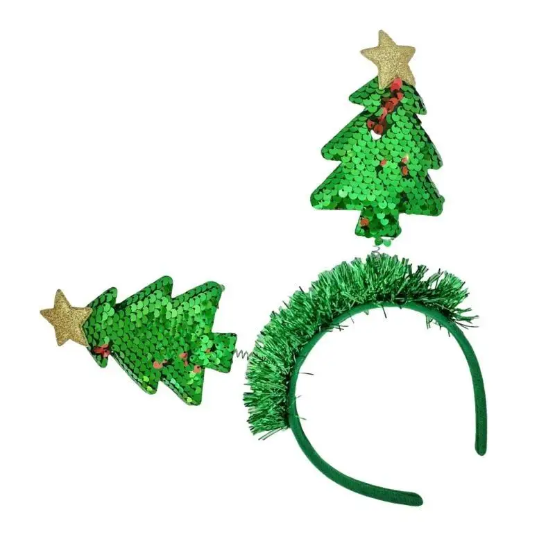

31BB Sparkling Christmas Tree Headband Festival Props Hairhoop with Sequins Family Gathering Headwear Holiday Celebrate Props