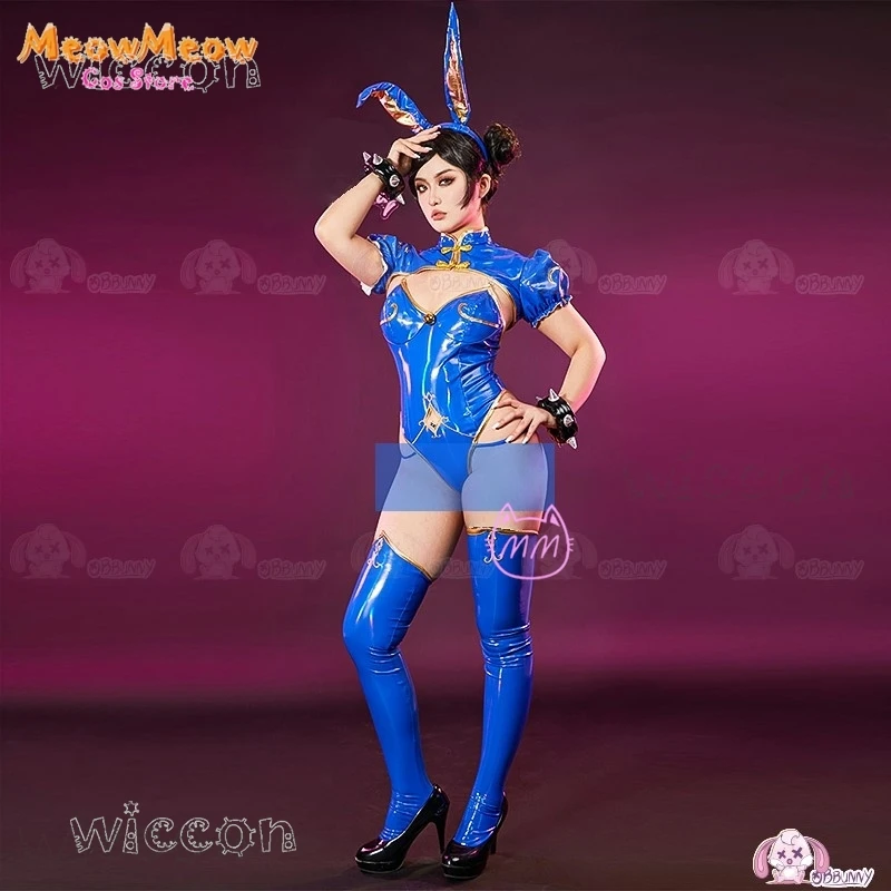 Street Chunli Chun Li Cosplay Costume Wig Fighter Game SF Role Play Bunny Girls Outfit PU Tight Skirt Halloween Sexy Dress Party