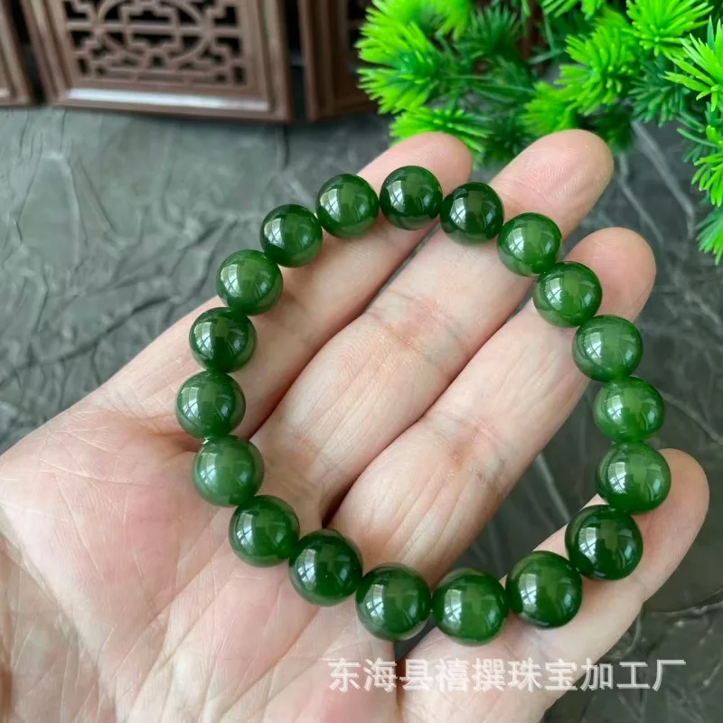 Hetian Old Mine Spinach Jade Bracelet With Base, Bright Green, And Slight Eye Effect, 10Mm