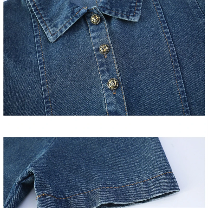 فستان أطفال عتيق بياقة مقلوبة باللون الأزرق من قماش الدنيم للفتيات ملابس صيفية للشارع فستان سادة على الموضة للأطفال في الجينز بعمر 5-14 سنة