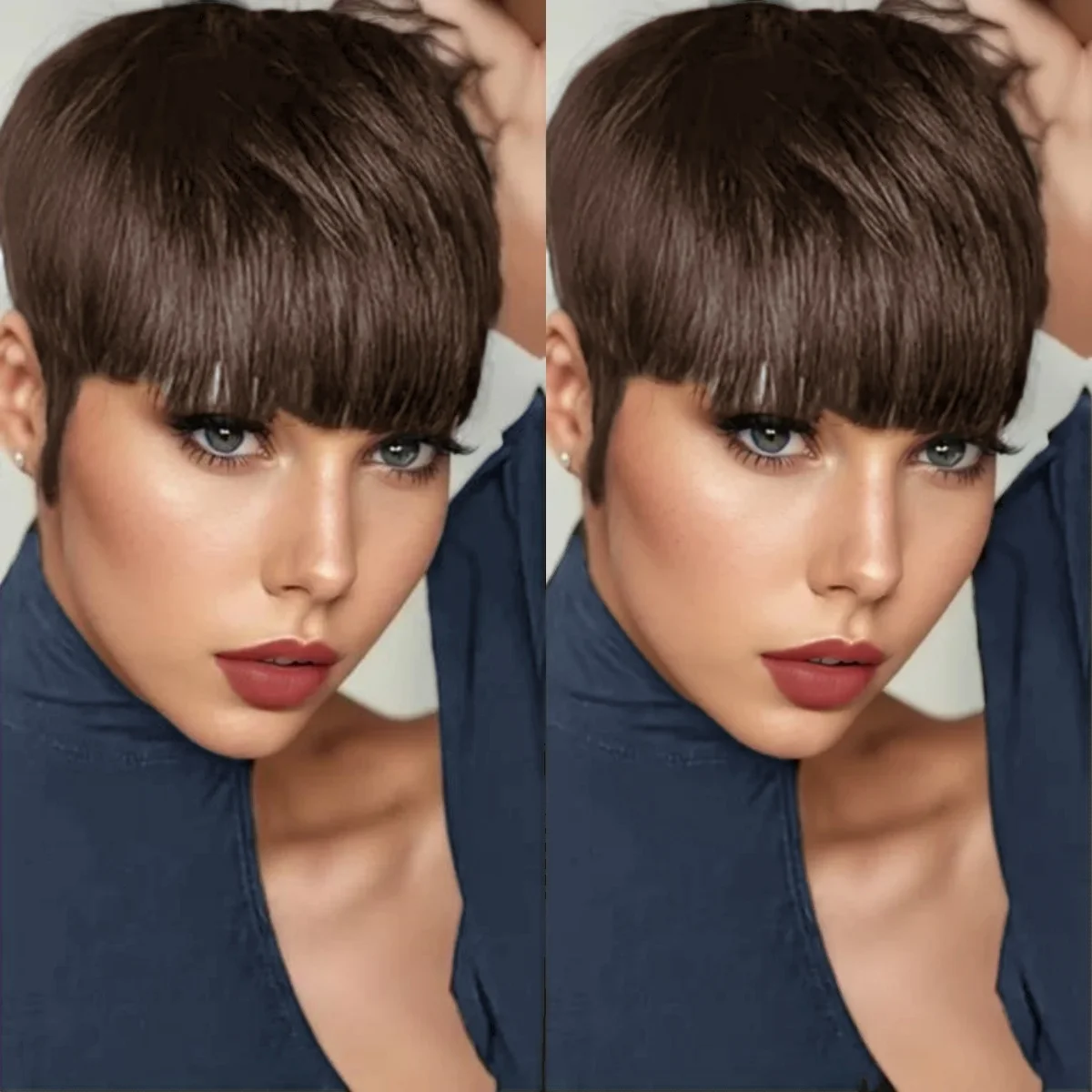 브라질 스트레이트 인모 숏 레이어드 픽시 가발 (앞머리 포함) 여성용 전체 머신메이드 가발