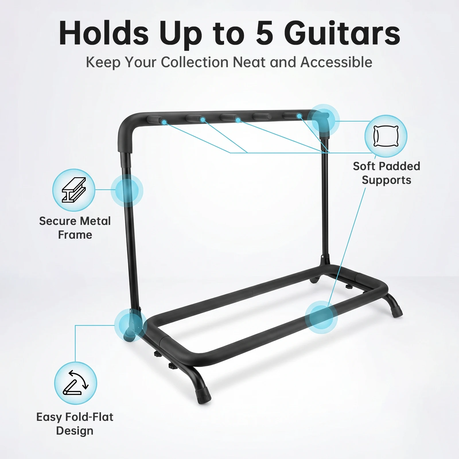 Foldable Metal Stable 5-Guitar Stand for Acoustic Classical Electric Guitars and Bass, Heavy Duty Guitar Display Rack view 6
