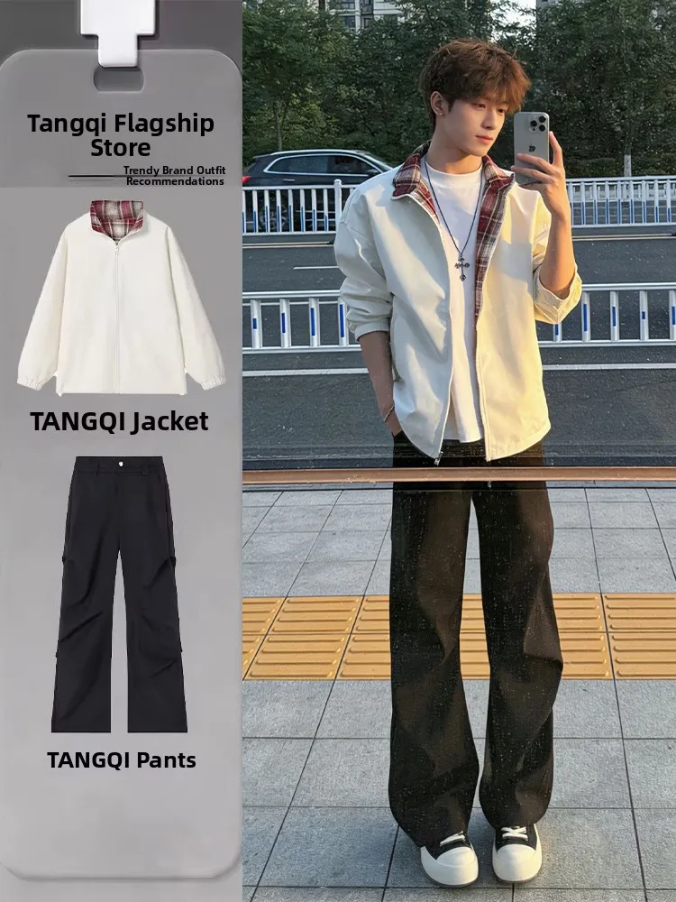 

American Plaid Splicing Jacket Outerwear for Men Spring Cool Stylish Set Drape Sense High-End Feeling Pleated West Pants