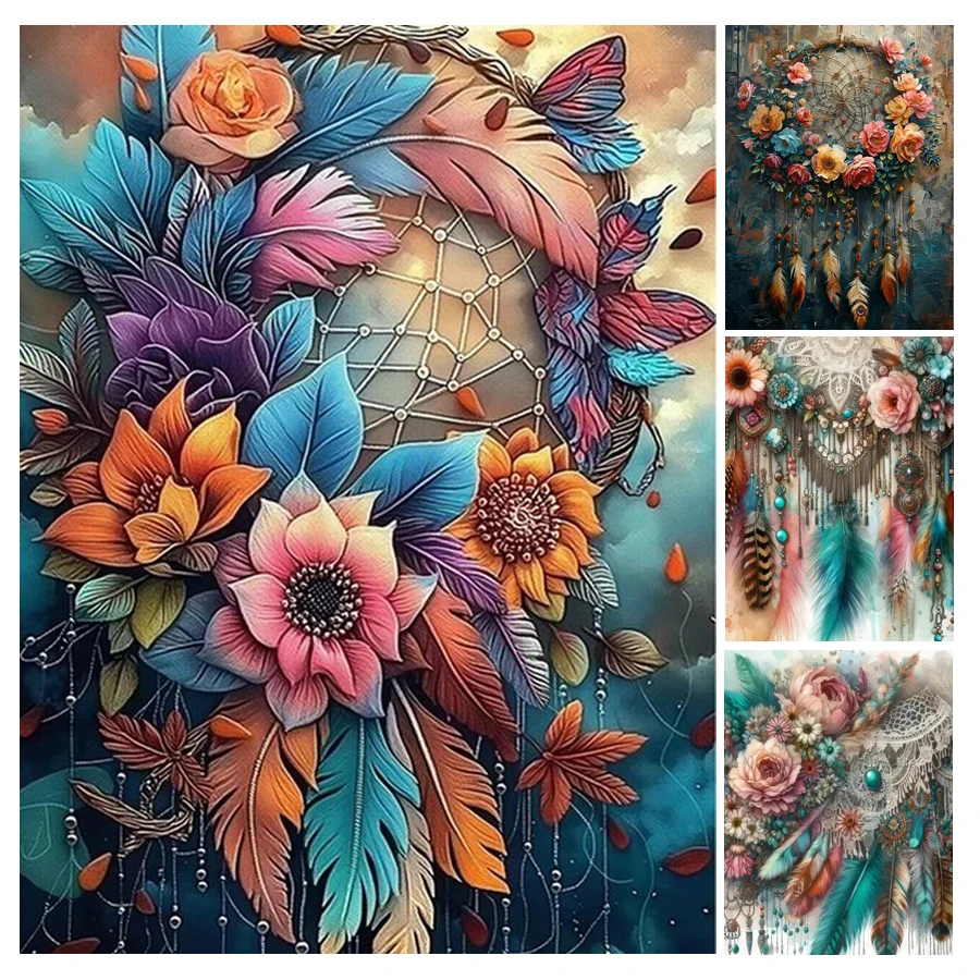 Diy Full Mosaic Art Diamond Painting New Collection 2024 Feather Wind Chime Flower Rhinestone Embroidery Picture Wall Decor